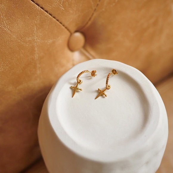 Gold Plated Cross Charm Huggie Hoop Earrings - Picture 4 of 8